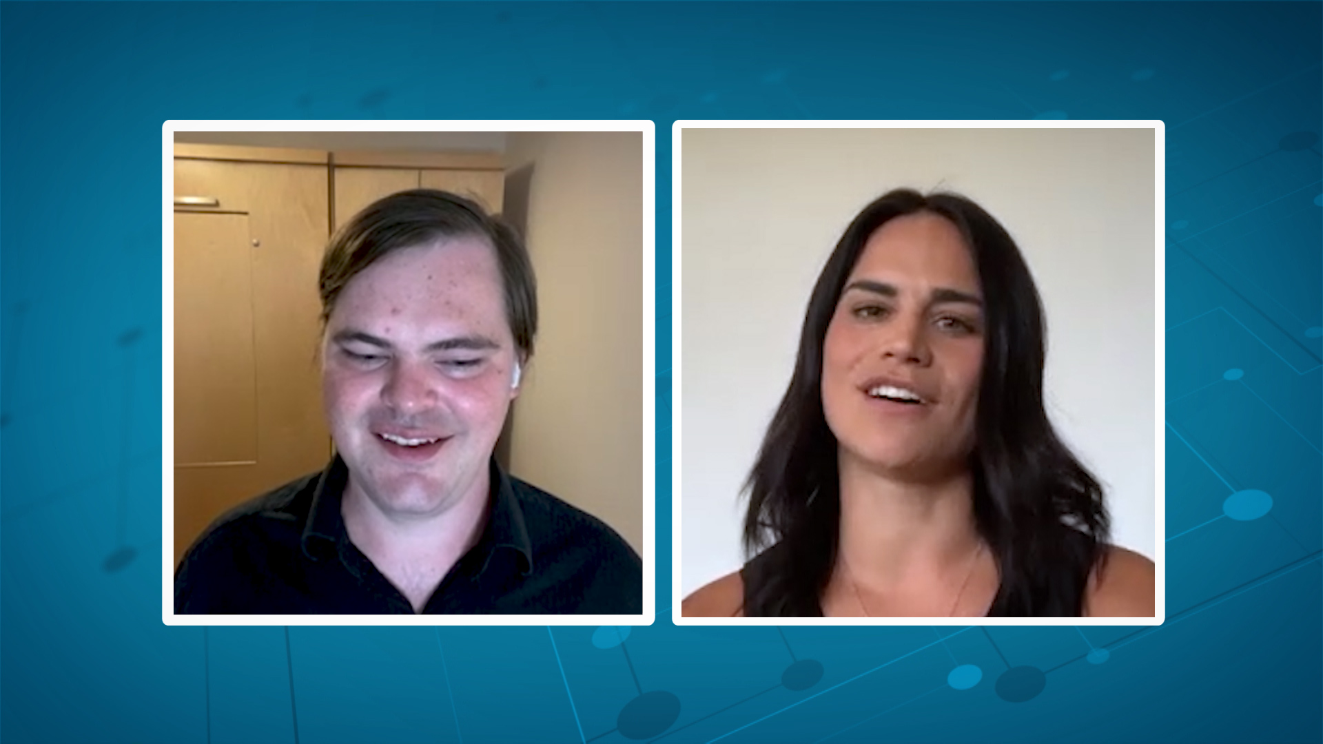 A man and woman speak via Zoom.