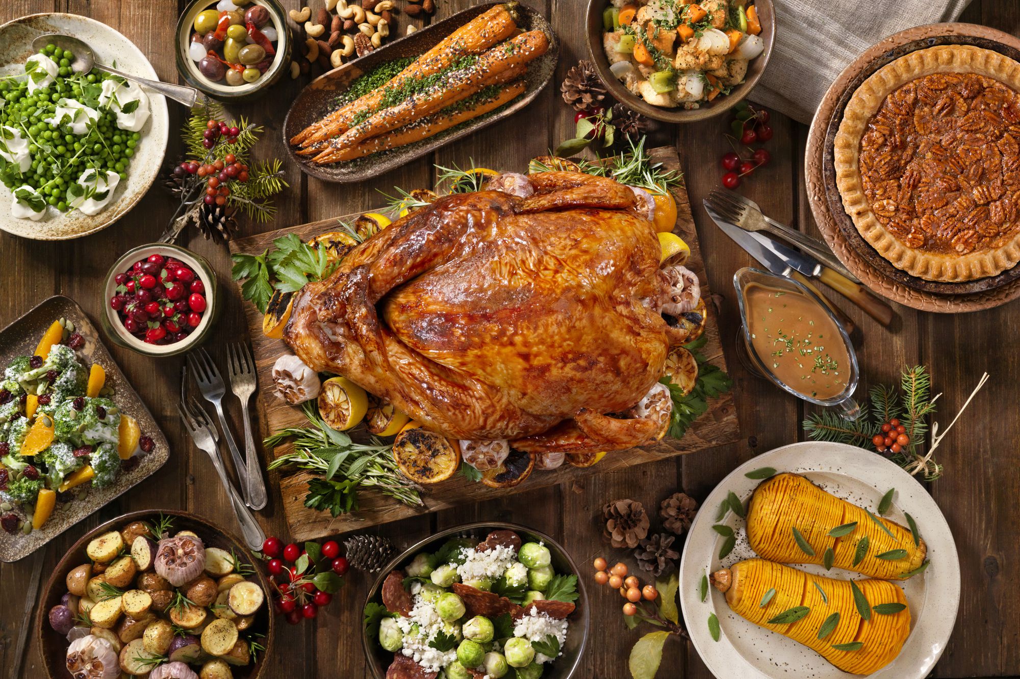 A Thanksgiving dinner feast on a table