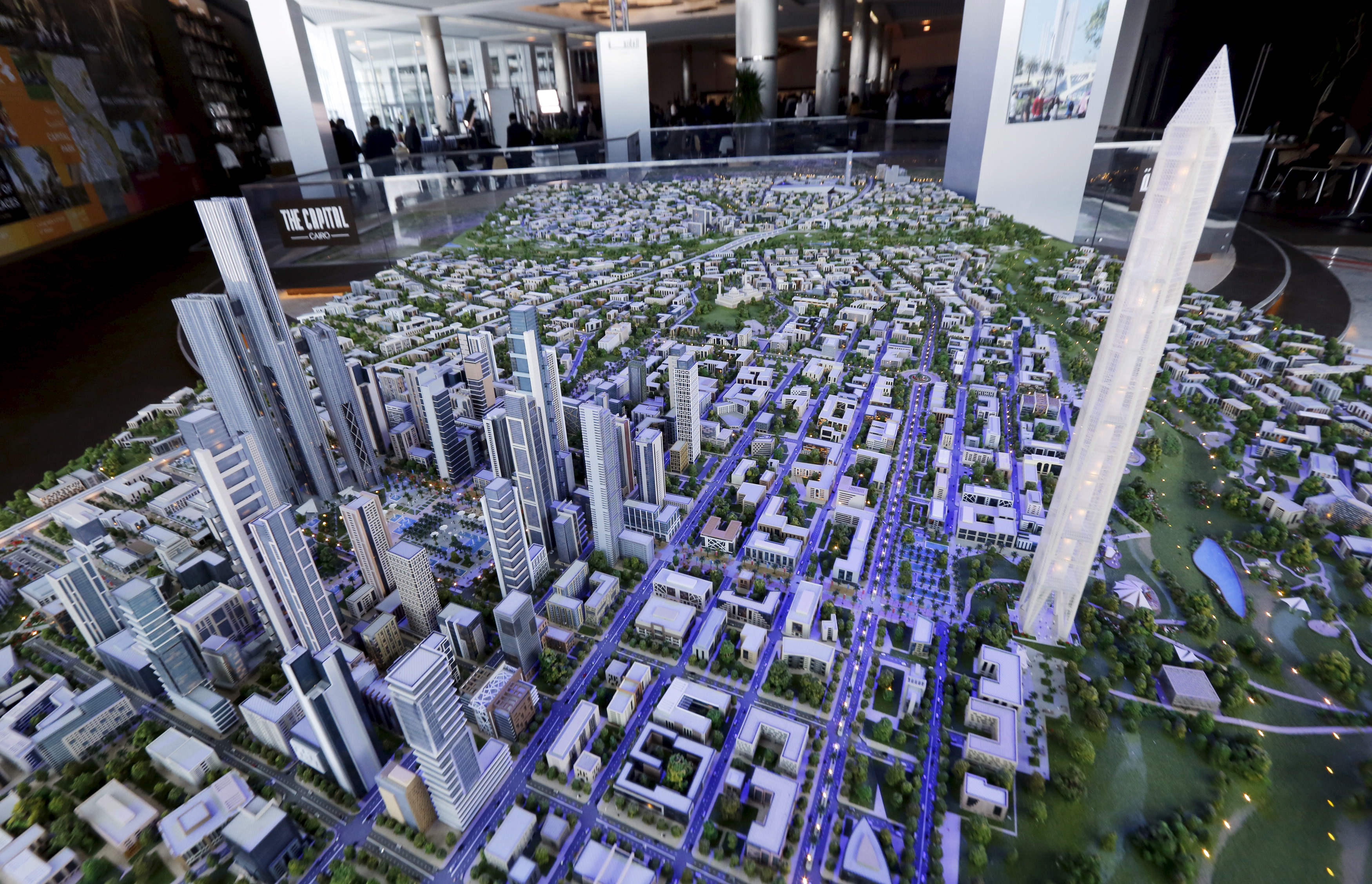 A model of a cityscape with skyscrapers.