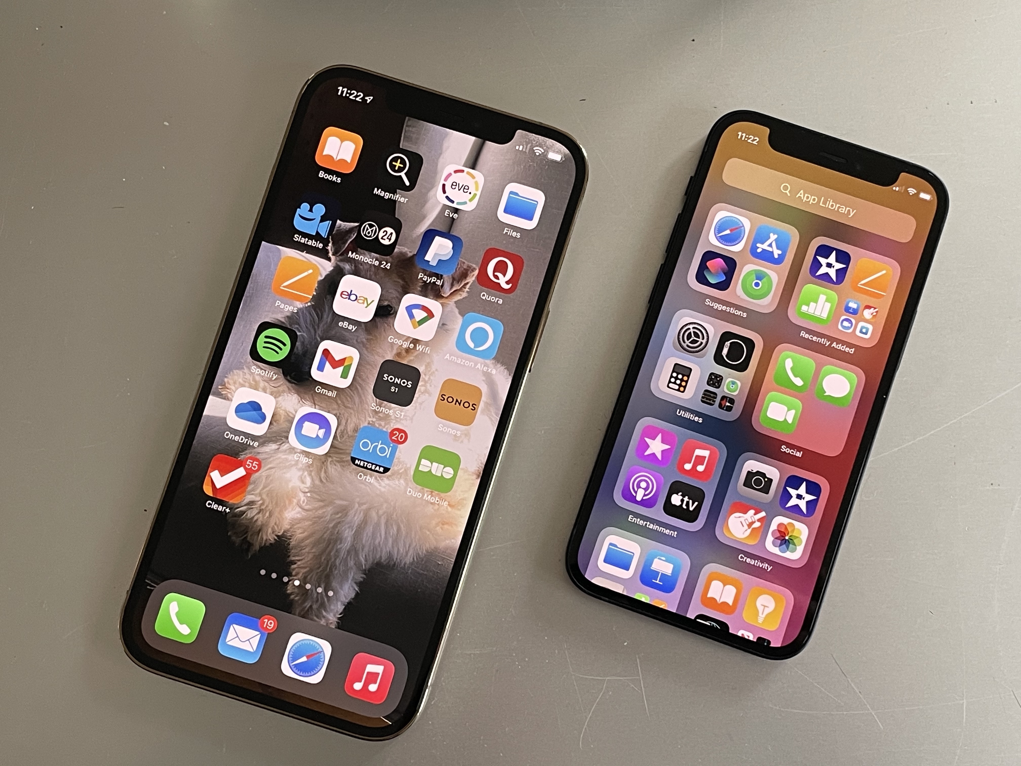 A large iPhone 12 Pro Max smartphone beside a smaller iPhone 12 Mini smartphone. 