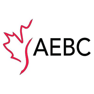 The AEBC logo with an outline of a maple leaf. 