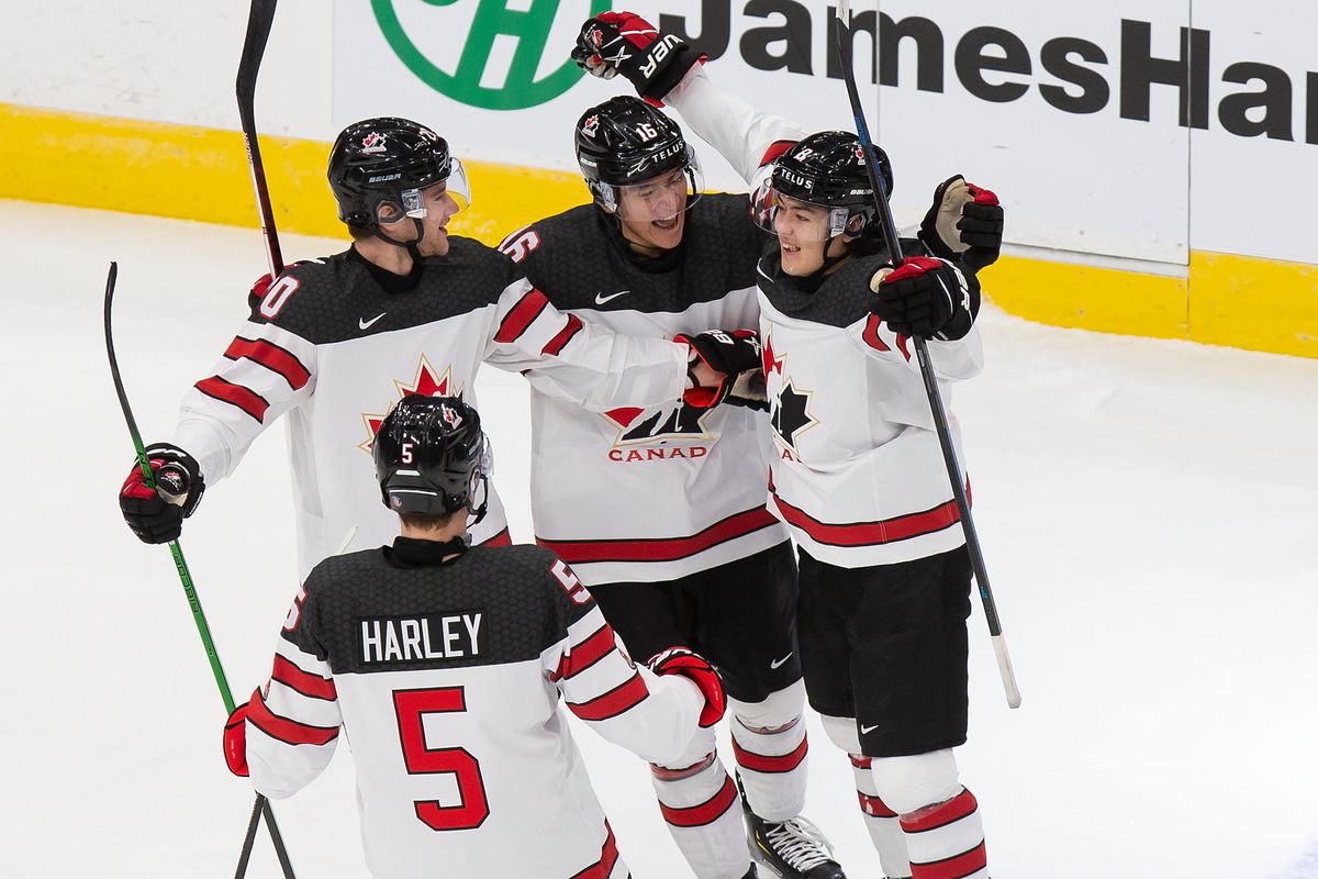 Team Canada world juniors celebrating after scoring a goal