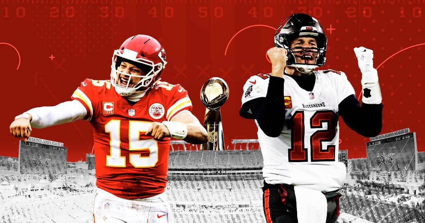 Patrick Mahomes and Tom Brady celebrating
