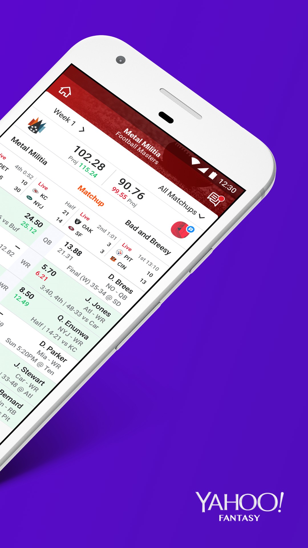 A graphic of a smart phone with the Yahoo Fantasy Sport app on the screen. 