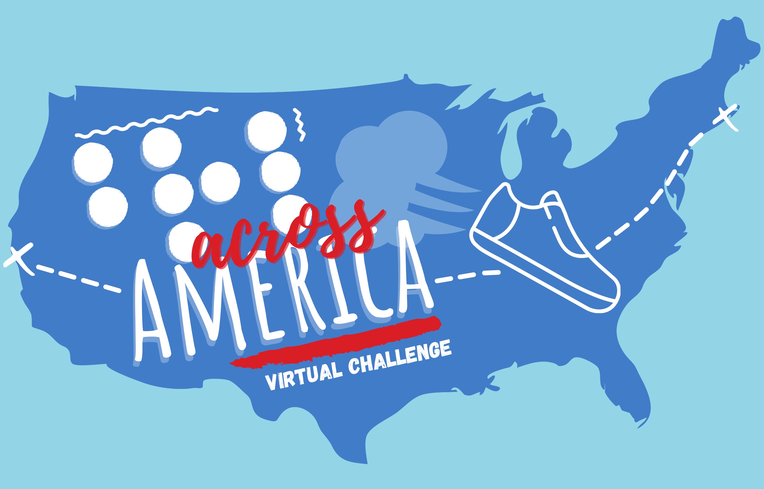 A graphic of the map of America in blue with braille dots, a running shoe, and text that reads "across America virtual challenge."