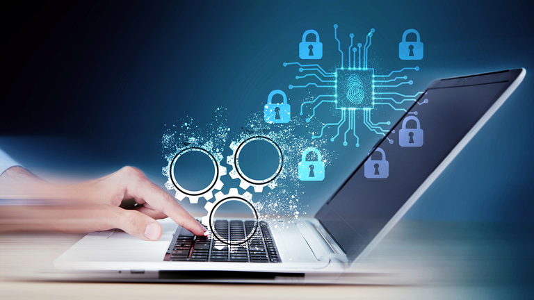 A person's finger on a laptop keyboard. Graphics of locks and gears are floating above the laptop.