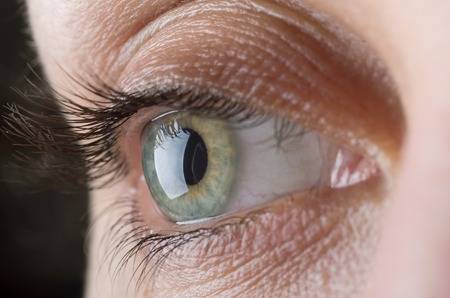 A closeup of a person's green eye. 