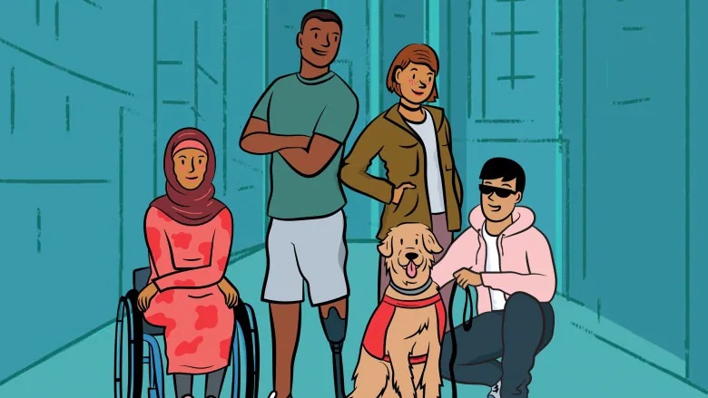 An illustrated graphic of 4 people of different backgrounds. One person is using a wheelchair, another person is kneeling down beside their guide guide. The other two are standing behind them. 