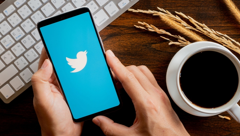 A close up of a person at a desk holding their smartphone with the Twitter logo on screen. 