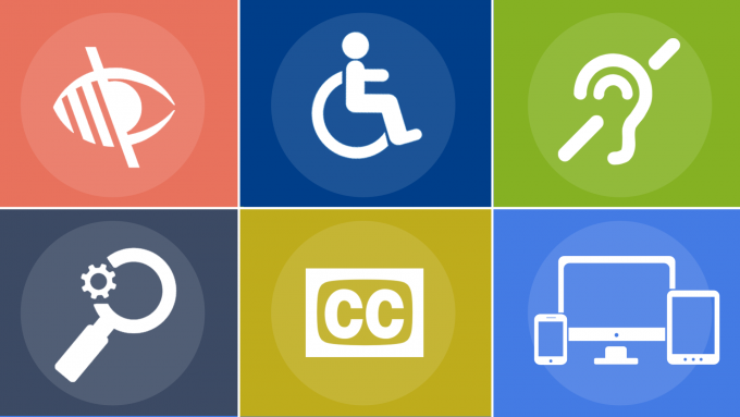 A graphic with 6 squares. One with an eye with a line going thorugh it, another is the universal symbol of access. Another with an ear and a line through it. Another is a magnifying glass. Another is the letters CC and the last one is an image of different tech decives. 