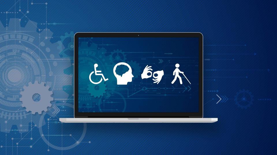 A graphic of a computer with images on its screen including: the universal symbol of access, a head with a brain, two hands doing sign language, and a person walking with a white cane. 