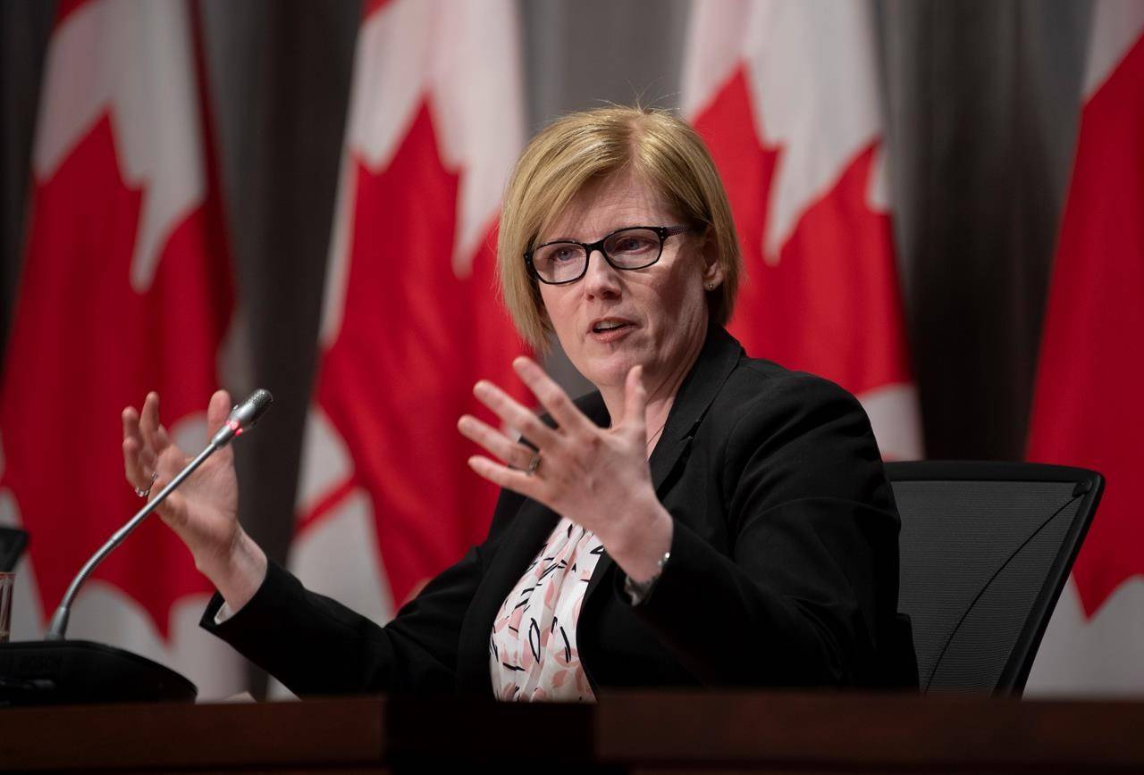 A photo of Carla Qualtrough, the minister of employment, workforce development and disability inclusion, speaking with her hands while sitting at a podium with Canadian flags behind her. 