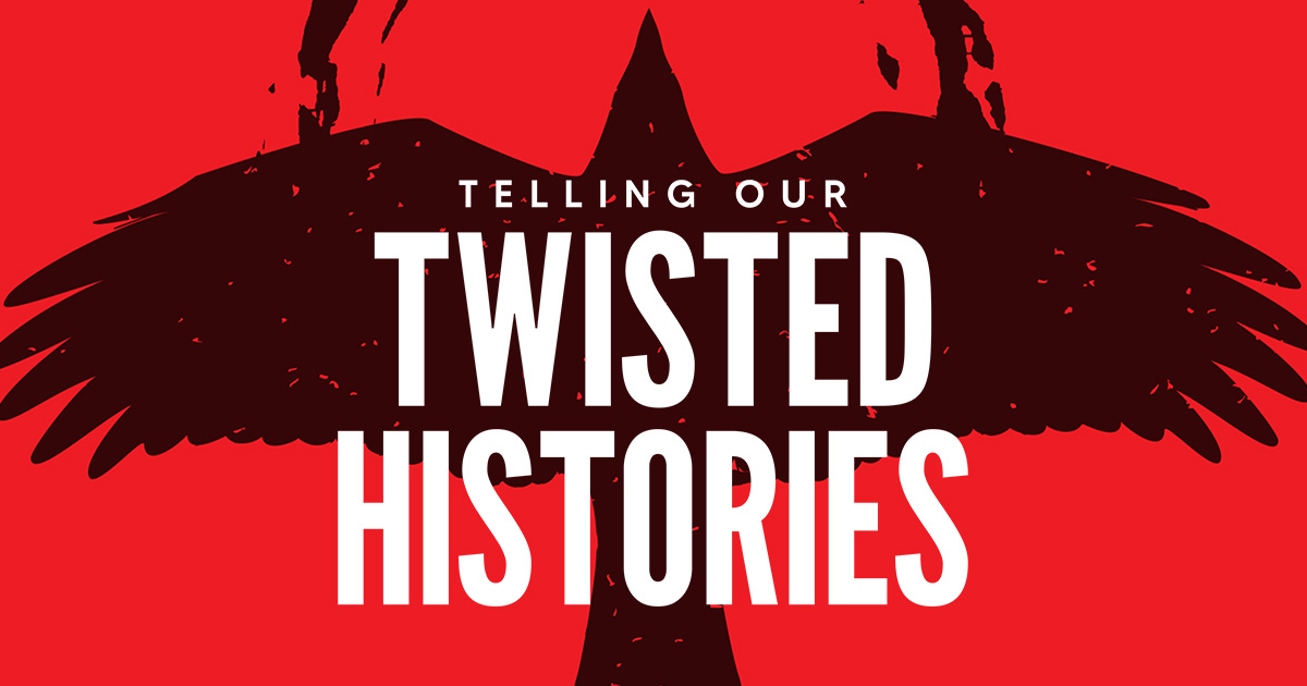 A logo designed by graphic artist Sébastien Aubin. The image is red with a black raven and text that reads “Telling our Twisted Histories. Decolonize. One Word At A Time.” The rising raven against the sun symbolizes power, resilience, transformation and rebirth.
