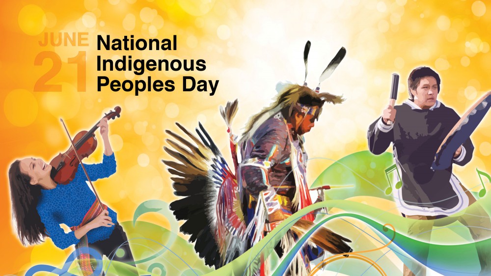 A poster that reads "June 21 National Indigenous Peoples Day" with three illistrations of individuals of either Inuit, First Nations and Metis descent. A Woman plays violin, another person is in full cultural regalia, and another person is bearing a drum. 