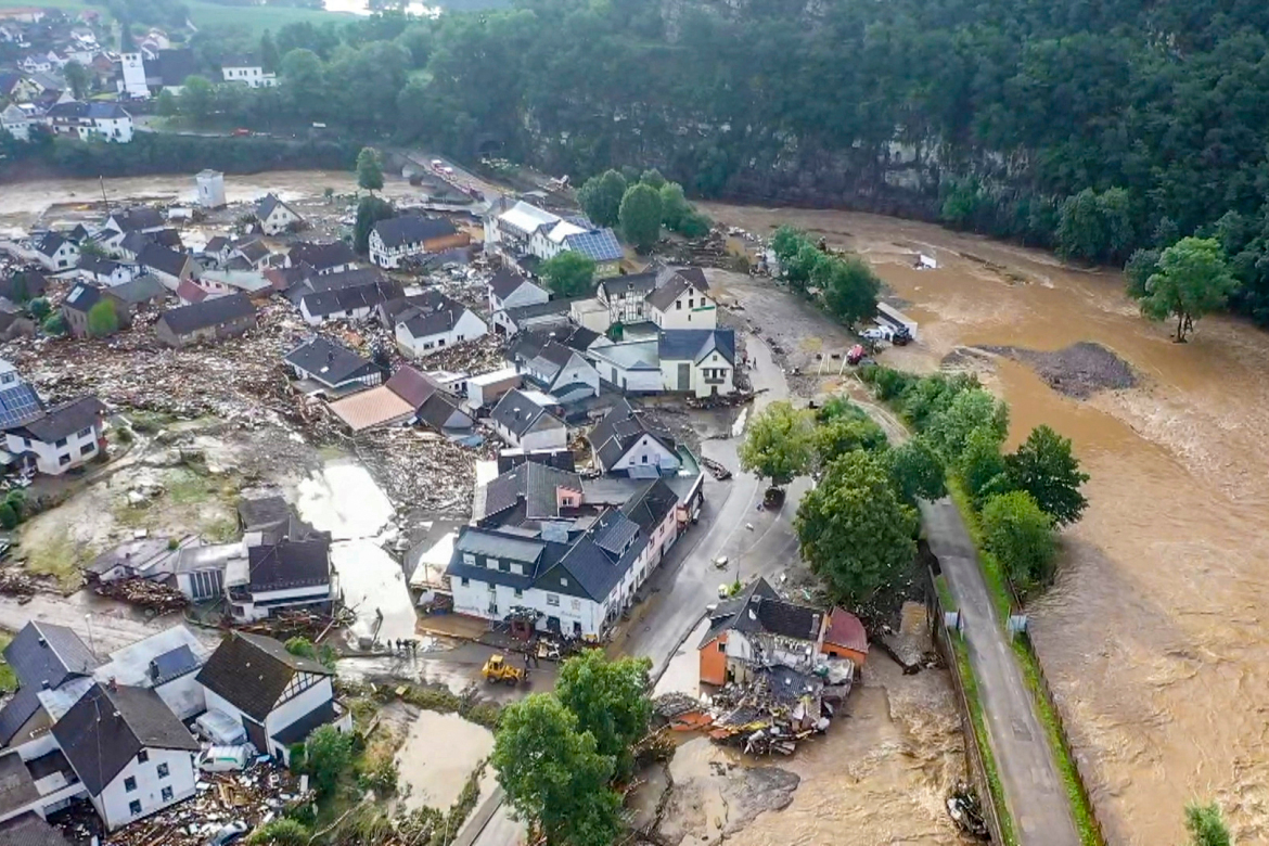 Overhead photo of a flooded German city.