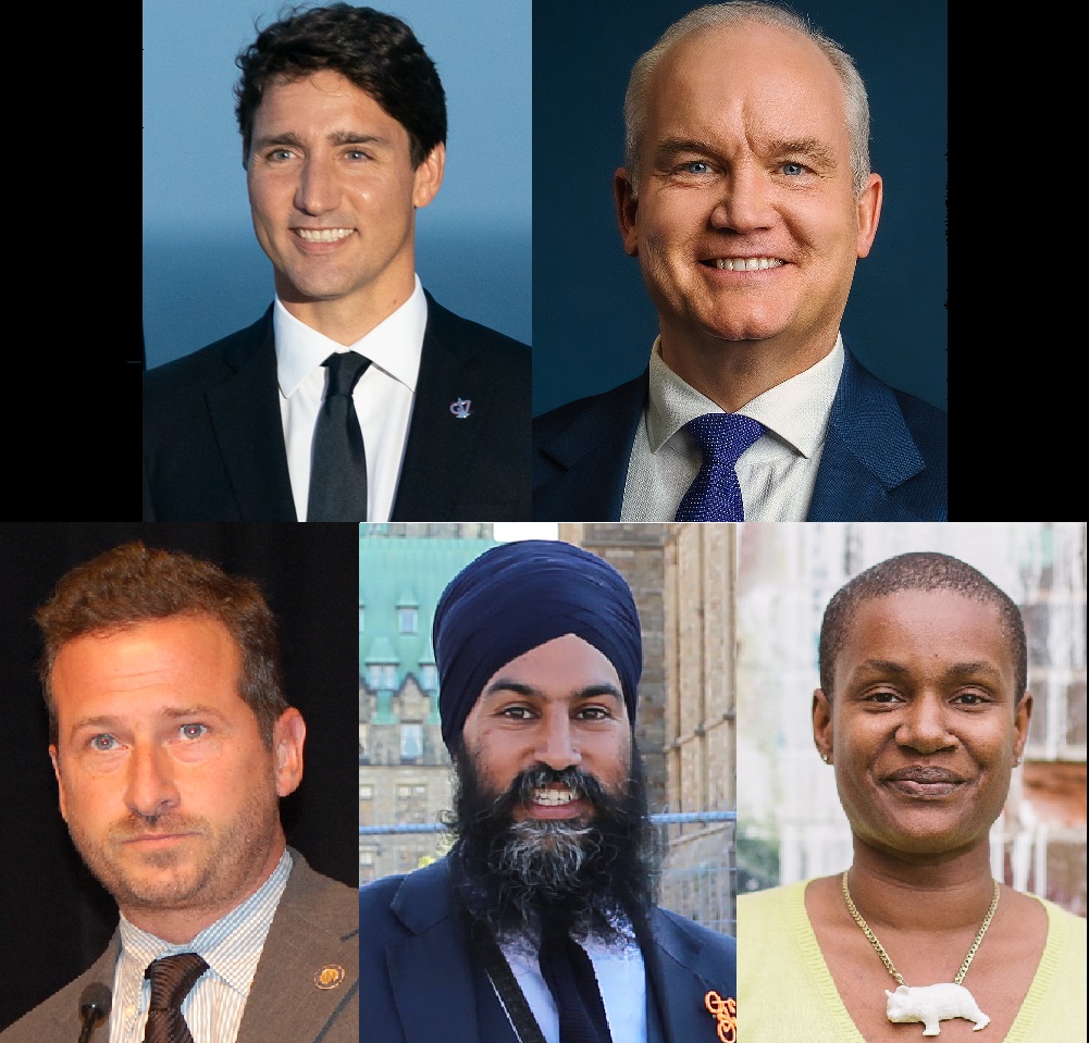 An image of 5 headshots of federal election party leaders. Top row: Liberal leaer Justin Trudeau and Conservative leader Erin O'Toole. Bottom row: Bloc Quebecois leader Yves-François Blanchet, NDP leader Jagmeet Singh and Green Party leader Annamie Paul. 