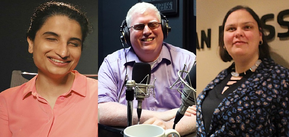 Three side by side photos of the panelists (from left to right): Joeita Gupta, Dave Brown and Michelle McQuigge.